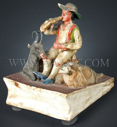 Antique Squeak Toy, Boy with Animals, 19th Century, angle view